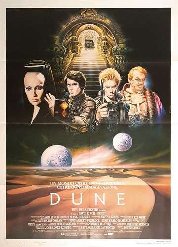 Póster ilustrado de Dune (1984) creado por Renato Casaro, con Paul Atreides frente al desierto de Arrakis y las naves de la Casa Atreides en el fondo.