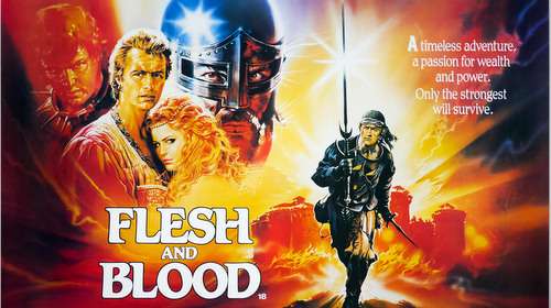Póster de Flesh & Blood de Paul Verhoeven con los protagonistas ilustrados – Arte renacentista con dramatismo épico
