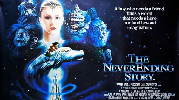 Póster de La Historia sin Fin con los protagonistas y criaturas fantásticas – Ilustración mágica con tono onírico.