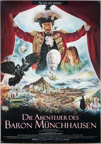 Póster internacional de Las Aventuras del Barón Munchausen de Terry Gilliam – Composición fantástica y barroca.