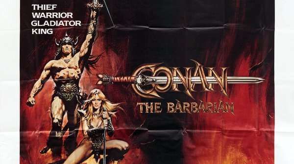 Póster de Conan el Bárbaro con Schwarzenegger levantando la espada – Icono del cine de fantasía épica firmado por Casaro