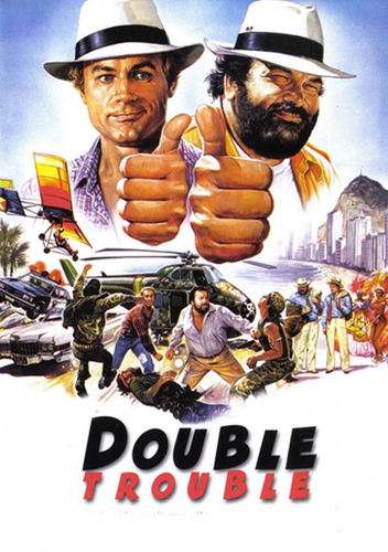 : Póster de Double Trouble con Bud Spencer y Terence Hill – Ilustración humorística y colorida del dúo italiano.