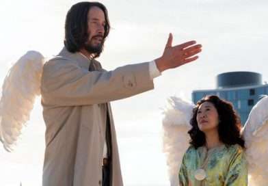 Escenade Cuando el cielo se equivocó que muestra a Keanu Reeves y Sandra Oh en una de las escenas clave del film, donde el ángel torpe convive con el empresario caído en desgracia.