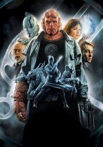 Póster de Hellboy ilustrado por Drew Struzan resaltando el estilo oscuro y fantástico.