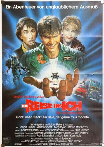 Póster de Innerspace con los tres protagonistas ilustrados – Fantasía de ciencia ficción con estética ochentera.