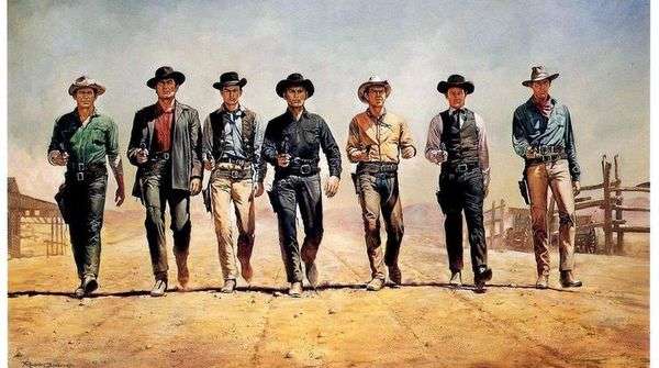 Póster de Los Siete Magníficos con los protagonistas caminando en el desierto – Arte western de composición clásica.