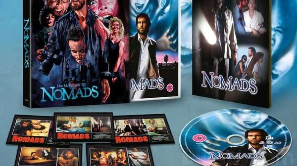 Edición especial remasterizada en Blu-ray de Nomads – arte de portada con Pierce Brosnan y estética gótica ochentosa.