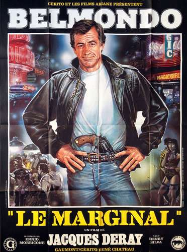 Póster de The Professional con Jean-Paul Belmondo como figura central – Diseño dinámico de acción francesa de los 70.