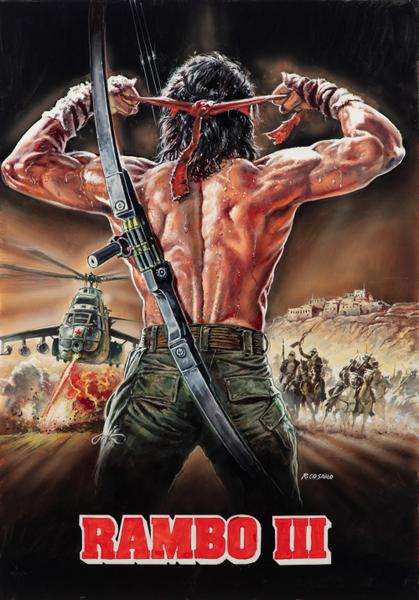 Versión alternativa de Rambo III con Stallone ilustrado de espaldas – Diseño de póster de acción con estilo clásico.