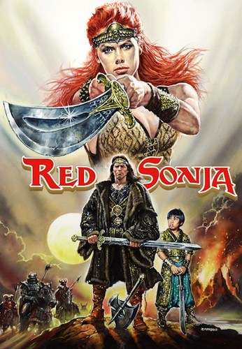 Póster alternativo de Red Sonja con Brigitte Nielsen en primer plano – Ilustración de tono aventurero y fuerza femenina.
