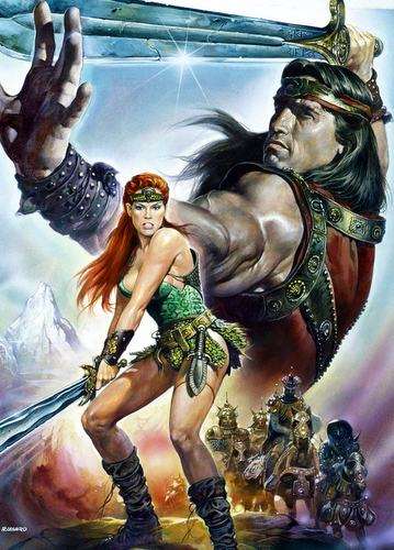 Póster de Red Sonja con Brigitte Nielsen y Arnold Schwarzenegger – Obra de Casaro para la fantasía heroica de los 80.