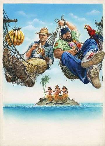 Póster de Quién Encuentra un Amigo Encuentra un Tesoro con Bud Spencer y Terence Hill – Estilo cómico y aventurero en una isla tropical.