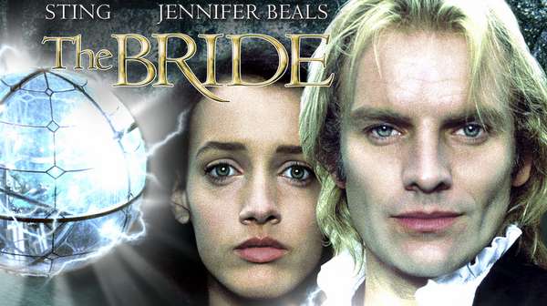 Póster original de The Bride (1986) con el mosntruo y elementos góticos.