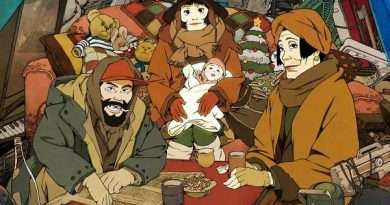 Póster del film con los tres protagonistas bajo la nieve, sosteniendo al bebé mientras caminan entre luces navideñas.