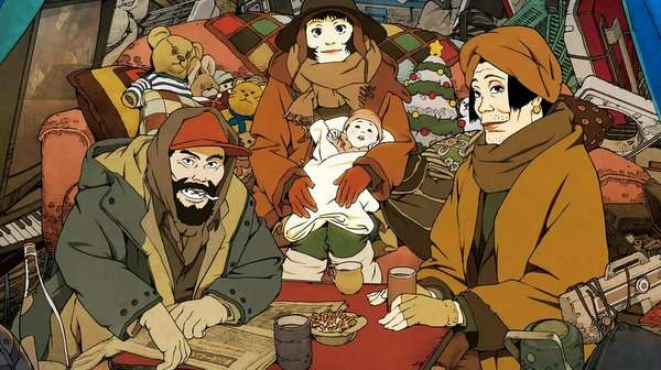 Póster del film con los tres protagonistas bajo la nieve, sosteniendo al bebé mientras caminan entre luces navideñas.