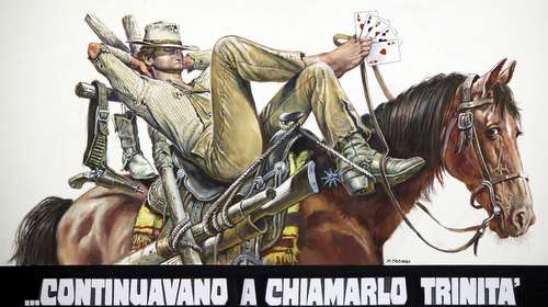 Póster western de They Still Call Me Trinity con el protagonista a caballo – Estilo pulp y humor característico del dúo Spencer-Hill