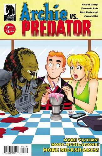 Portada de Archie vs Predator con los personajes de Riverdale sosteniendo un milkshake mientras el Yautja aparece en el fondo.