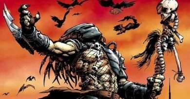 Ilustración de Predator en estilo de cómic, mostrando al Yautja con su armadura y máscara icónica.