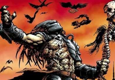 Ilustración de Predator en estilo de cómic, mostrando al Yautja con su armadura y máscara icónica.
