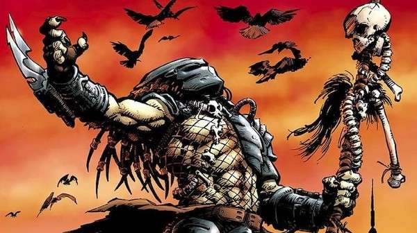 Ilustración de Predator en estilo de cómic, mostrando al Yautja con su armadura y máscara icónica.