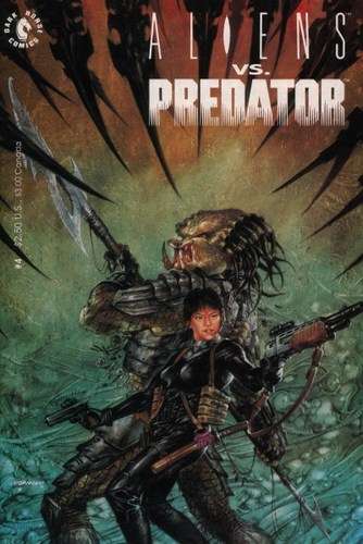 Portada de Alien/Predator con una cazadora humana rodeada por un alien y un predator