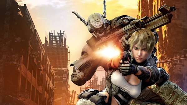 Póster oficial de Appleseed Alpha (2014), con Deunan Knute apuntando con su arma y Briareos cyborg de pie a su lado, contra un fondo posapocalíptico