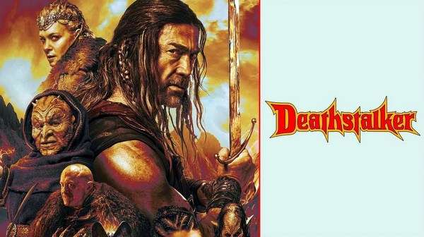Póster oficial de Deathstalker (2025), con el guerrero empuñando su espada bajo un cielo tormentoso.