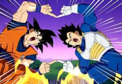 Goku y Vegeta extendiendo los brazos y alineando sus dedos justo antes de realizar la técnica de fusión en Dragon Ball.