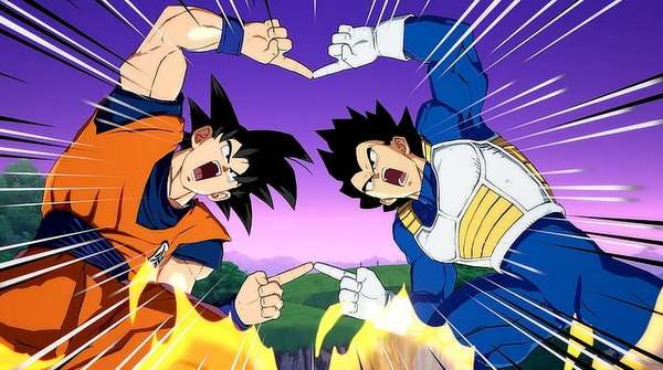 Goku y Vegeta extendiendo los brazos y alineando sus dedos justo antes de realizar la técnica de fusión en Dragon Ball.