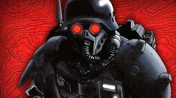 Soldado de la Wolf Brigade con máscara de combate frente a un cielo rojo intenso en una escena de Jin-Roh: The Wolf Brigade (1999).