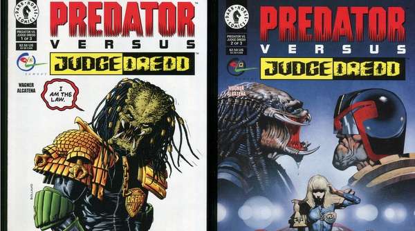 Portada de Judge Dredd vs Predator mostrando al juez Dredd apuntando su arma frente al Yautja.