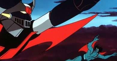 : Mazinger Z y Devilman vuelan sobre una ciudad en ruinas mientras enfrentan monstruos gigantes en el póster clásico del film.