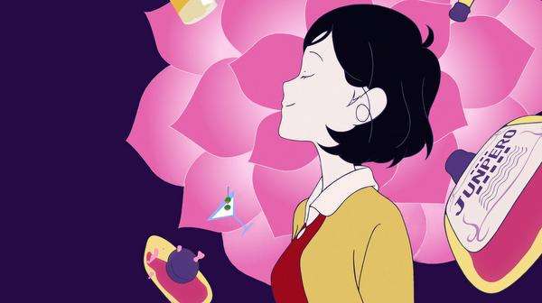 Póster oficial de Night Is Short, Walk On Girl (2017), con siluetas animadas de una joven universitaria caminando bajo la noche de Kioto y detalles llamativos y coloridos en el fondo