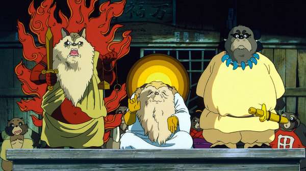 Tres tanuki de Pom Poko reunidos en el bosque, con expresiones cómicas y la estética cálida típica de Studio Ghibli.