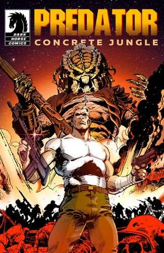 Portada del cómic Predator: Concrete Jungle ambientada en una ciudad peligrosa con el Yautja acechando desde las alturas.