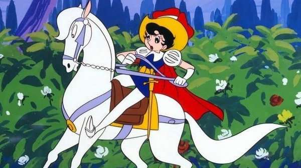 Ilustración clásica de La Princesa Caballero de Osamu Tezuka, mostrando a la heroína con atuendo de caballero y estilo de animación inspirado en la estética de los primeros largometrajes de Disney