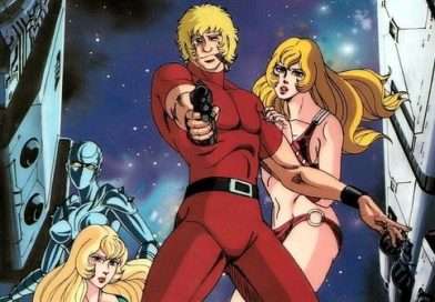 Cobra apuntando su arma láser junto a la androide Lady y dos mujeres rubias en una escena llena de acción de Space Cobra: The Movie.