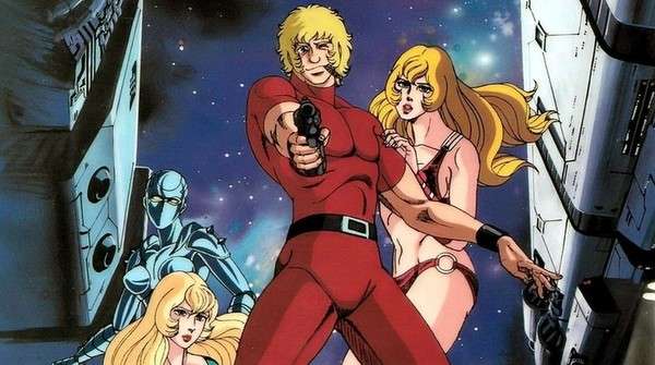 Cobra apuntando su arma láser junto a la androide Lady y dos mujeres rubias en una escena llena de acción de Space Cobra: The Movie.