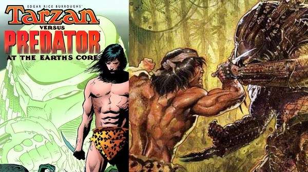 Portada del cómic Tarzan vs Predator con Tarzán enfrentando al Yautja en la jungla.