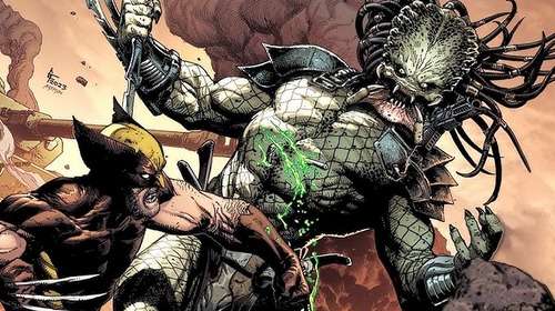 Portada del crossover Wolverine vs Predator con Logan extendiendo sus garras frente al Yautja.