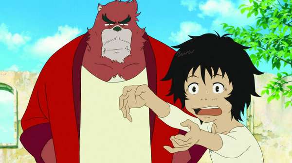 Ren y Kumatetsu entrenando en el dojo, en una escena de combate que muestra la energía y tensión del aprendizaje entre humano y bestia