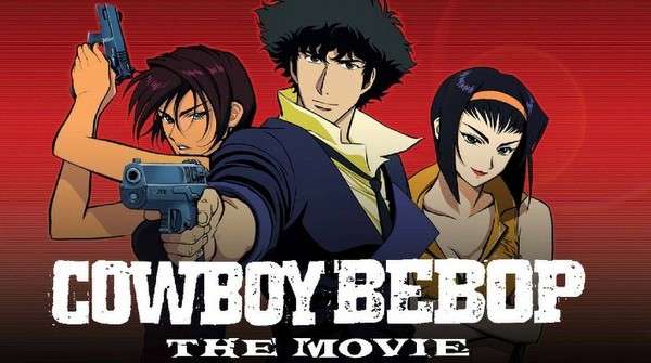Póster oficial de Cowboy Bebop: The Movie con Spike Spiegel en pose de acción sobre un fondo urbano futurista