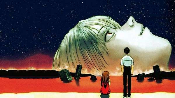 Póster oficial de The End of Evangelion, con los EVA y los protagonistas bajo un cielo apocalíptico