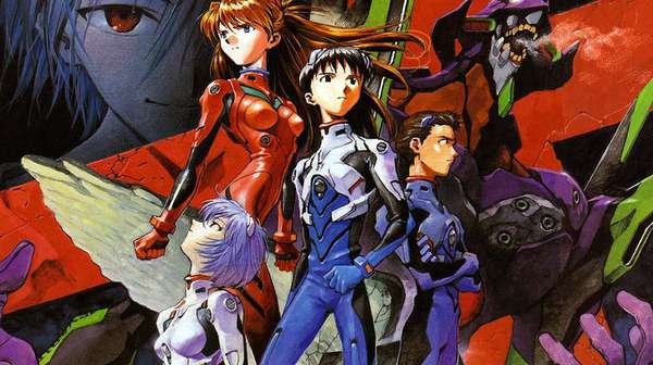 “Póster oficial de Evangelion 3.0, con los personajes principales y un paisaje devastado