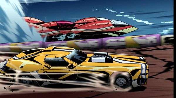 Escena de acción de Redline con los autos de los protagonistas compitiendo a gran velocidad.”