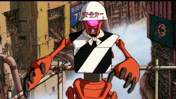 “Robot industrial trabajando en una obra en construcción en un entorno urbano futurista de Neo Tokyo