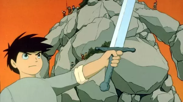 Escena de The Great Adventure of Horus con Horus sosteniendo una espada en actitud heroica.