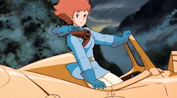 Nausicaä volando en su deslizador sobre el paisaje del Valle del Viento.