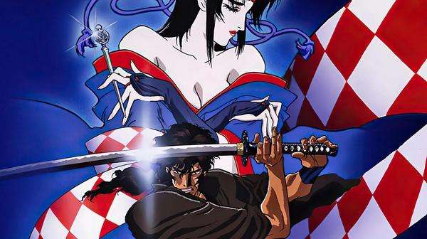 Póster oficial de Ninja Scroll con el ninja Jubei Kibagami en actitud de combate