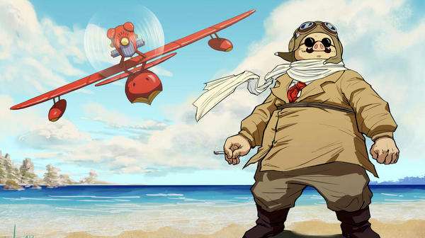 Porco Rosso junto a su hidroavión en una playa en una escena del film de Studio Ghibli.